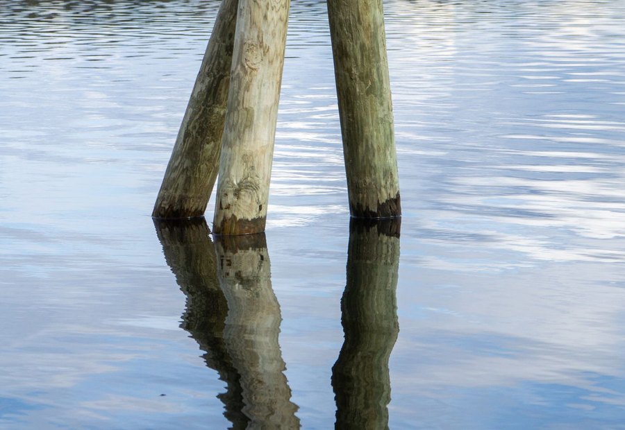 Steel cable and rock anchor holding a floating dock against a rocky bank