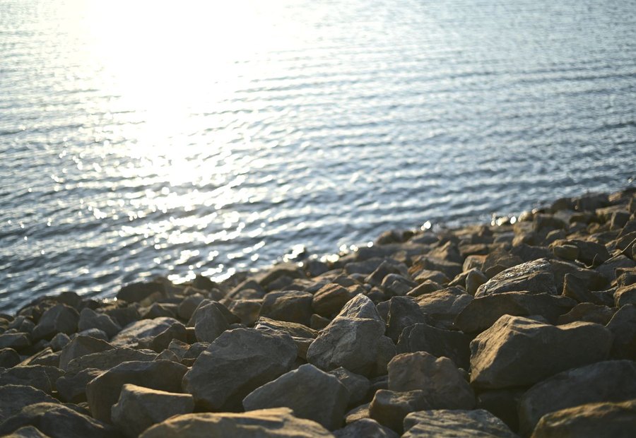 Riprap rock seawall stabilizing a steep eroding bank at the Lake of the Ozarks